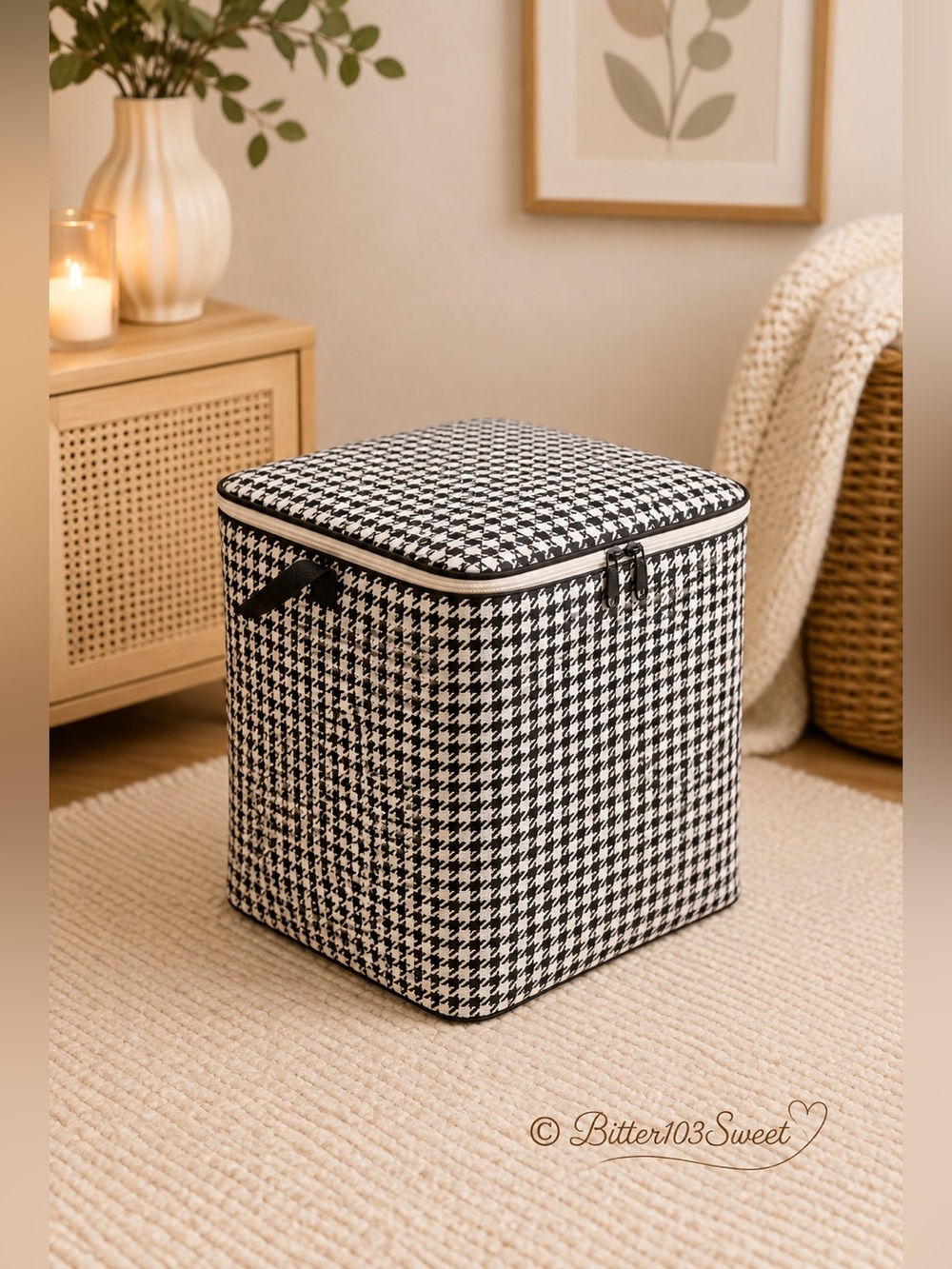 Large Black & White Houndstooth Storage Bag